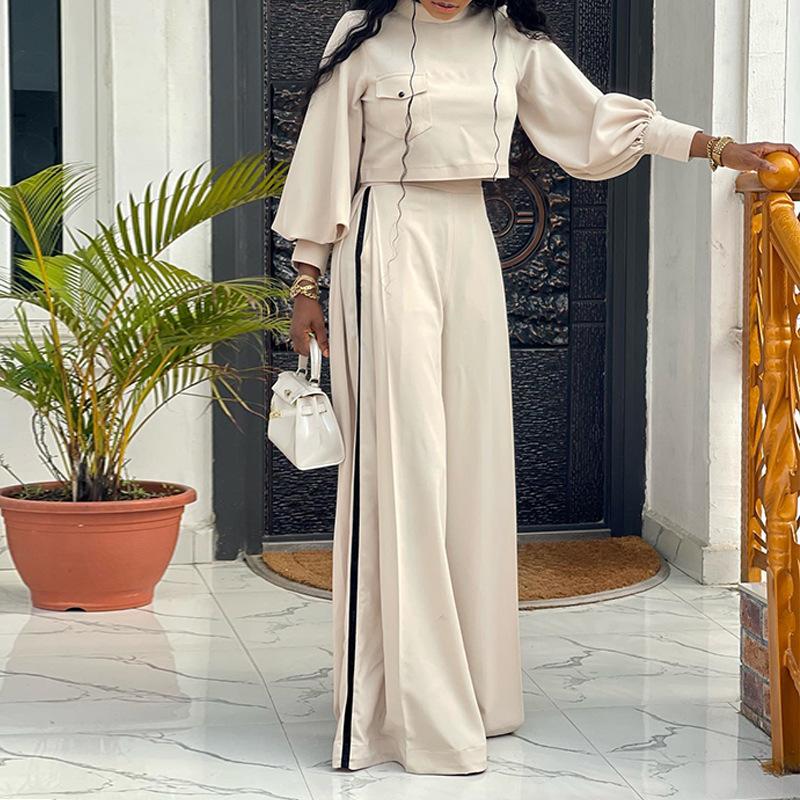 Women's Big Size Loose Half High Neck Long Sleeve Top Casual Suit