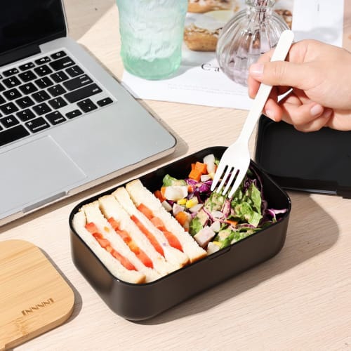 Premium Bento Box for Men, 1000ml Capacity, Large Capacity, Salad, Black Bamboo, Airtight Valve, Adjustable Dividers, Dishwasher and Microwave Safe, S