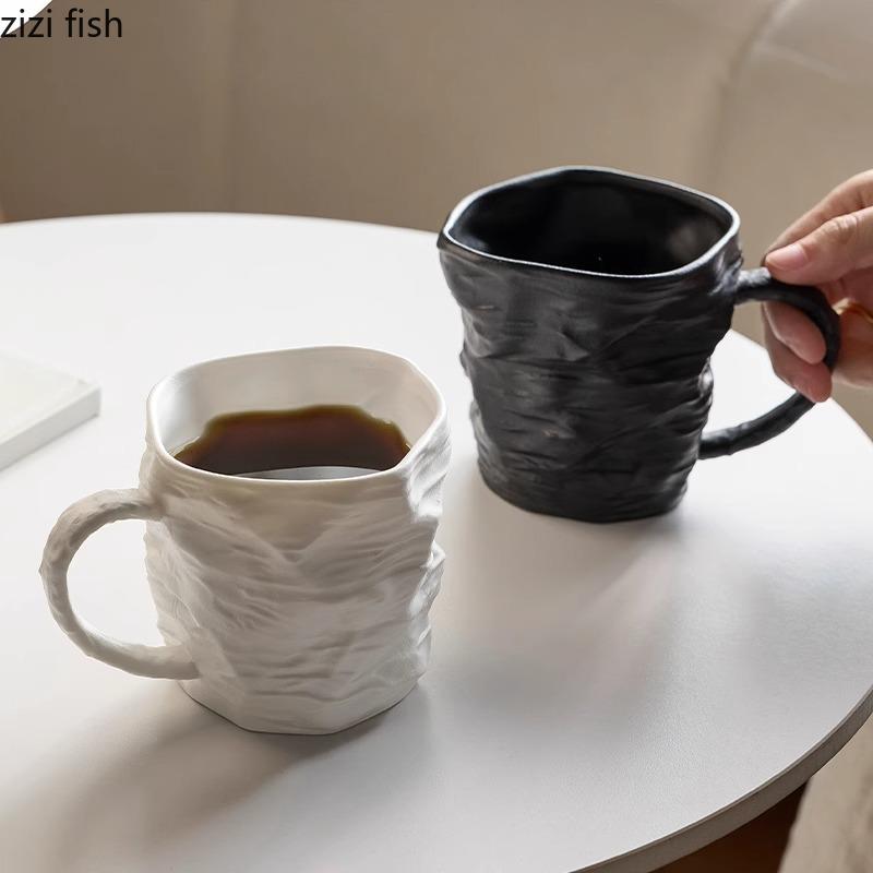 Folded Texture Ceramic Mug Creative Black and White Coffee Mug Milk Mug Office Water Cup Tea Cup Household Couple's Cups
