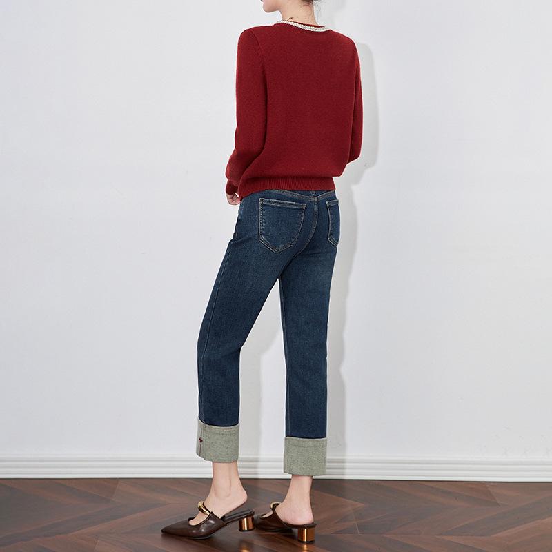 Узкие прямые джинсы Nanyou с вышитыми бархатными манжетами - женский зимний стиль