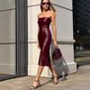 Women's Autumn and Winter Sexy Sheath PU Leather Solid Color Split Slim Dresses