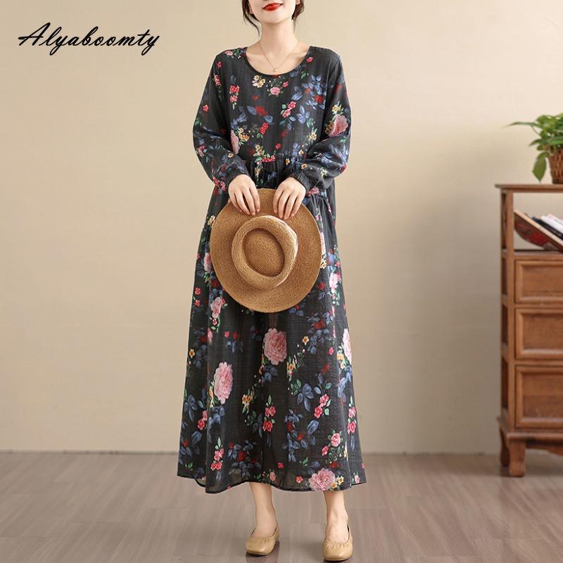 Plus Size Spring Autumn Women Baggy Dress O Neck Floral Print Vintage Oversized Dress Long Sleeve Retro Midi Cotton Dress