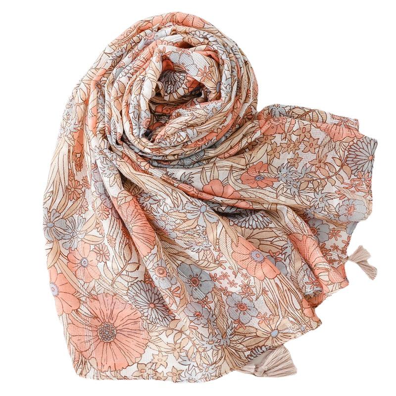 Yitao Soft Pink Floral Scarf - Cotton & Linen Feel with Silver Silk Accents, Fashionable Ladies' Shawl