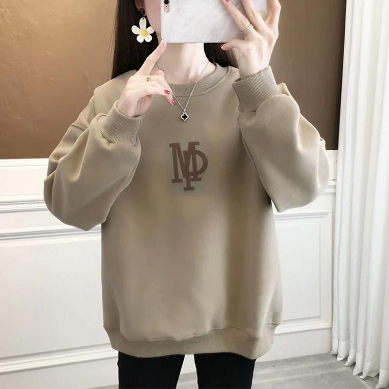 Толстовка женская, осенняя, утолщенная, с круглым вырезом, свободная, повседневная, сотня, однотонная, верхняя одежда с длинными рукавами