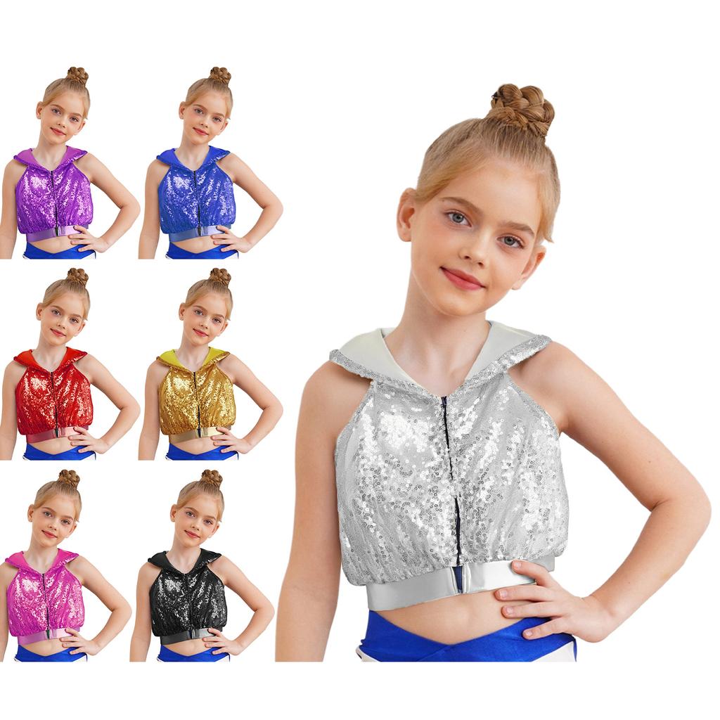 Sparkling Sequins Hip-Hop Jazz Top: Sleeveless Backless Hooded Crop Top with Front Zipper for Stage Dance Costume