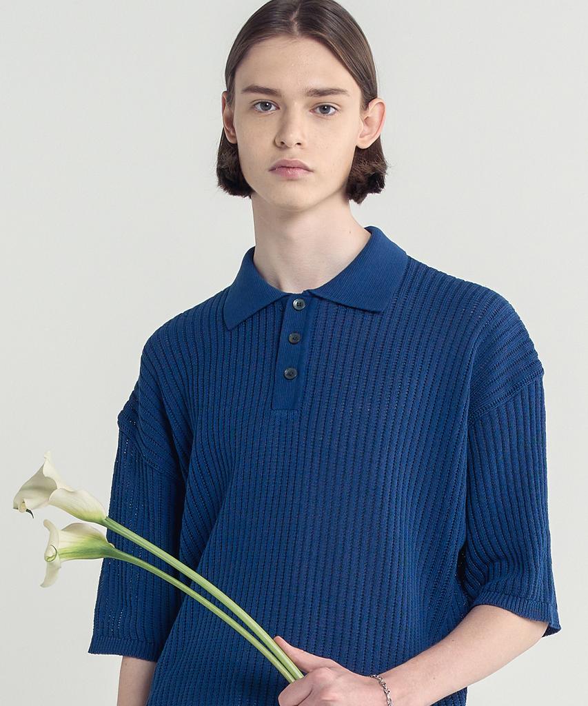 BLOND9 Cotton Rib Collar Short Sleeve Knit_Navy
