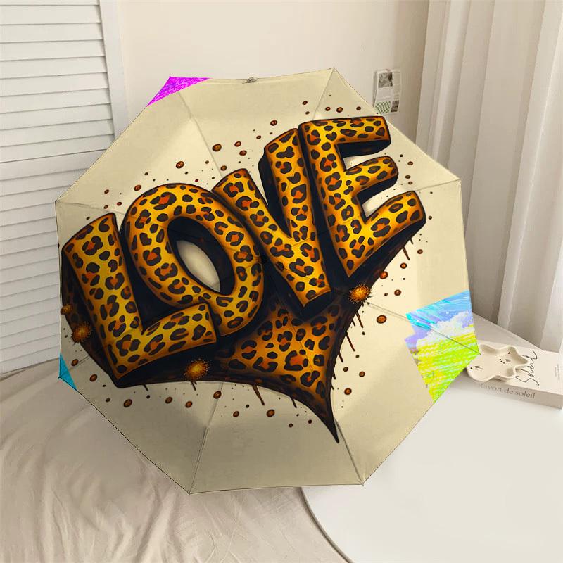 1pc love leopard print Automatic Open/Close Umbrella Compact Folding Umbrella with 8-Rib Shaft for Women/Men, Elegant Birthday1183S