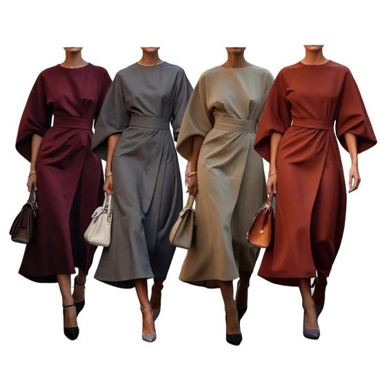 Женское платье с тонкой талией, однотонное платье с рукавами «летучая мышь», миди-платье длиной до икры, вечернее платье с круглым вырезом, длинное платье для поездок на работу, вечеринок, свиданий