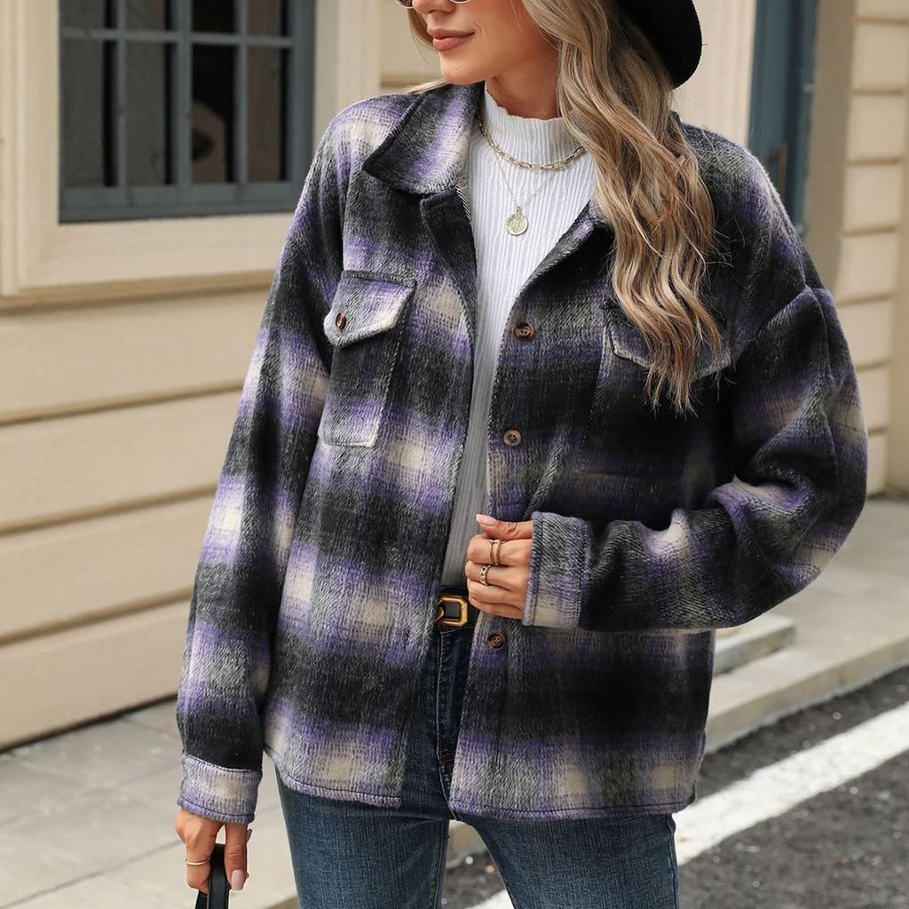 Женская свободная повседневная клетчатая шерстяная куртка с длинными рукавами и лацканами, модная куртка