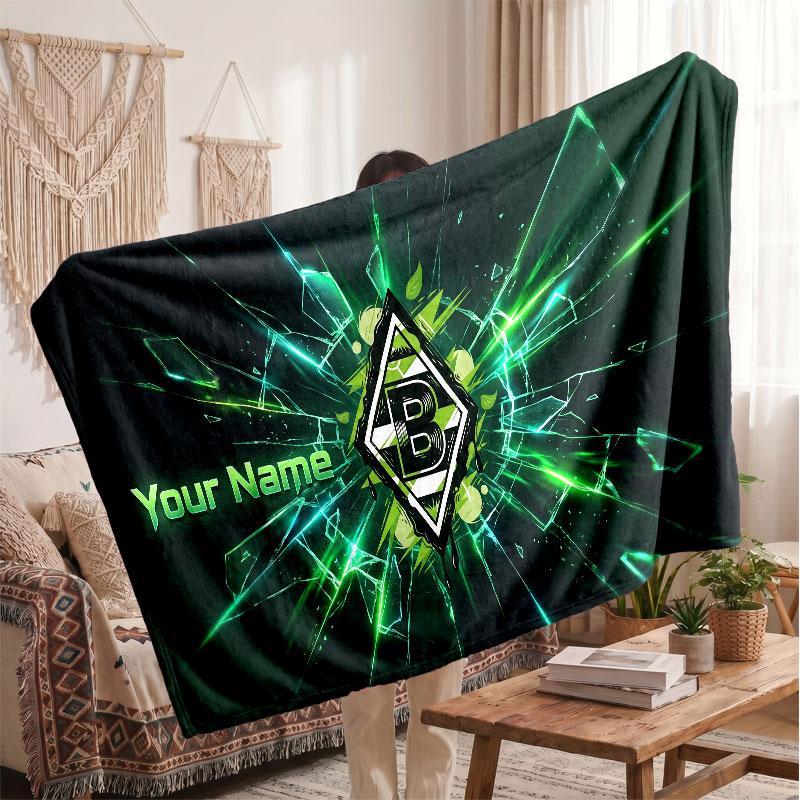 Borussia Mönchengladbach Personalized Fleece Blanket With Football Logo, Custom Name Text Soft Warm Home Throw Blanket
