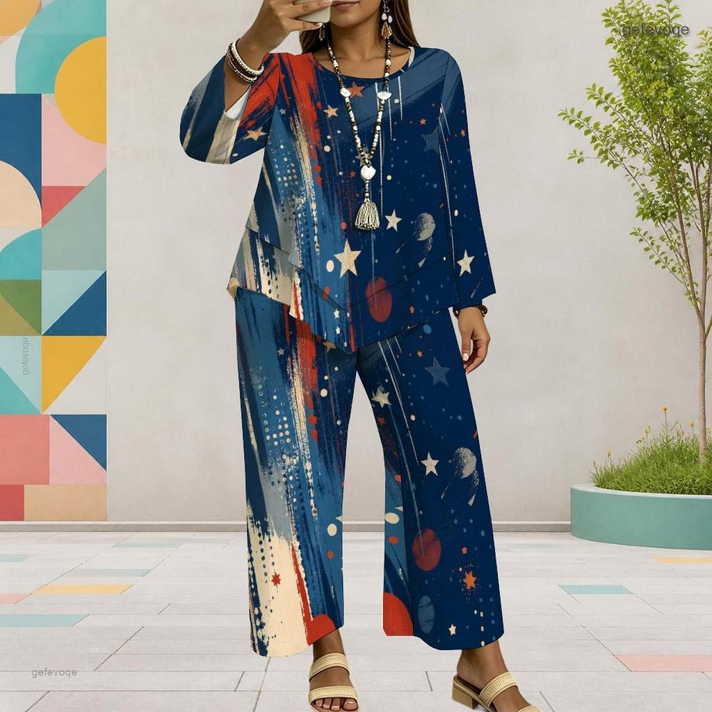 Women Plus Size Round Neck Long Sleeve Printed Top And Wide Leg Pants Two Piece Set