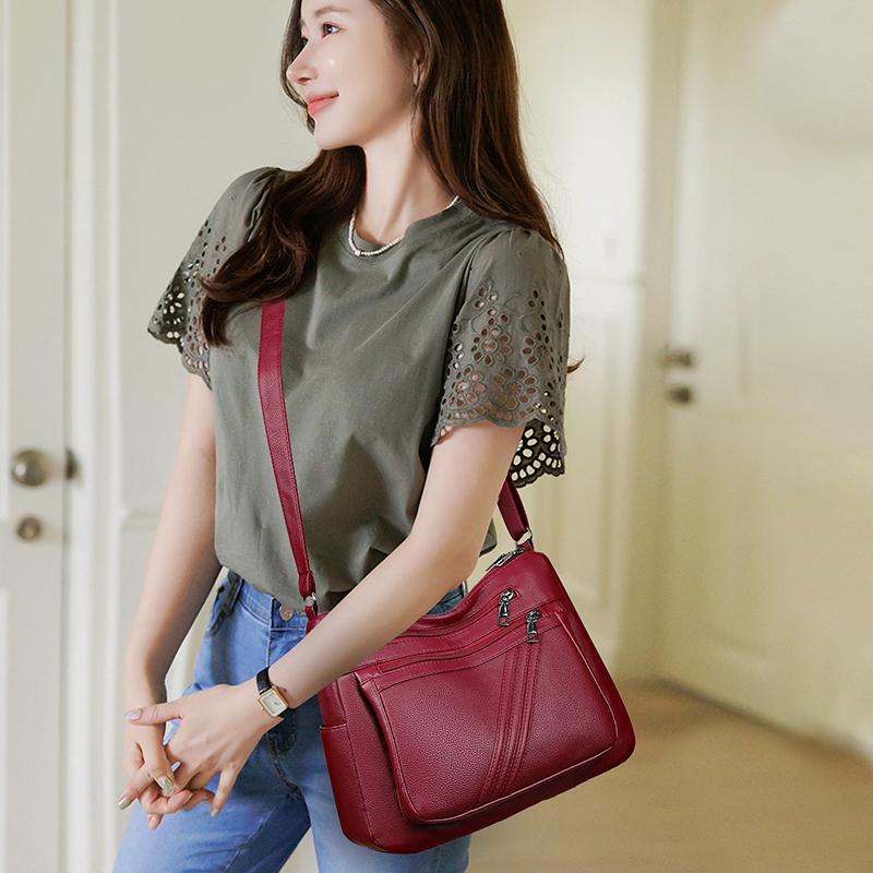 Women's Small Square Bag Shoulder Bag Soft Leather Mother Bag Multi-Layer Bag