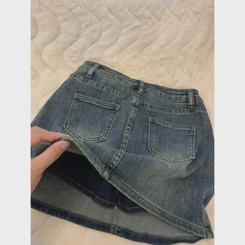 «Женская джинсовая юбка в стиле ретро с потертостями и высокой талией, для маленьких и больших размеров, свободный крой, защита от воздействия окружающей среды, новый летний стиль»