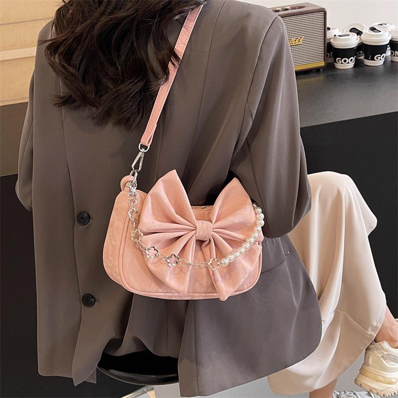 Bow Bag Women's Fashion New Pearl Chain Messenger Bag Fashionable Simple Sweet Texture Shoulder Bag