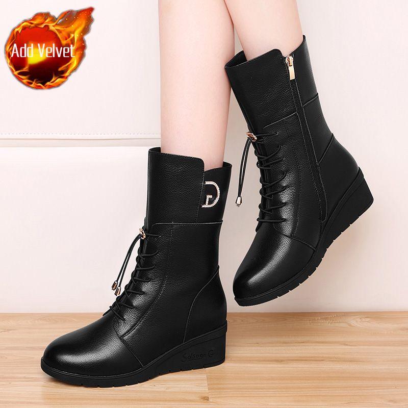 Модные кожаные женские полусапоги до середины икры на среднем каблуке, осенне-зимние, на флисовой подкладке, дизайнерские, роскошные, на распродаже