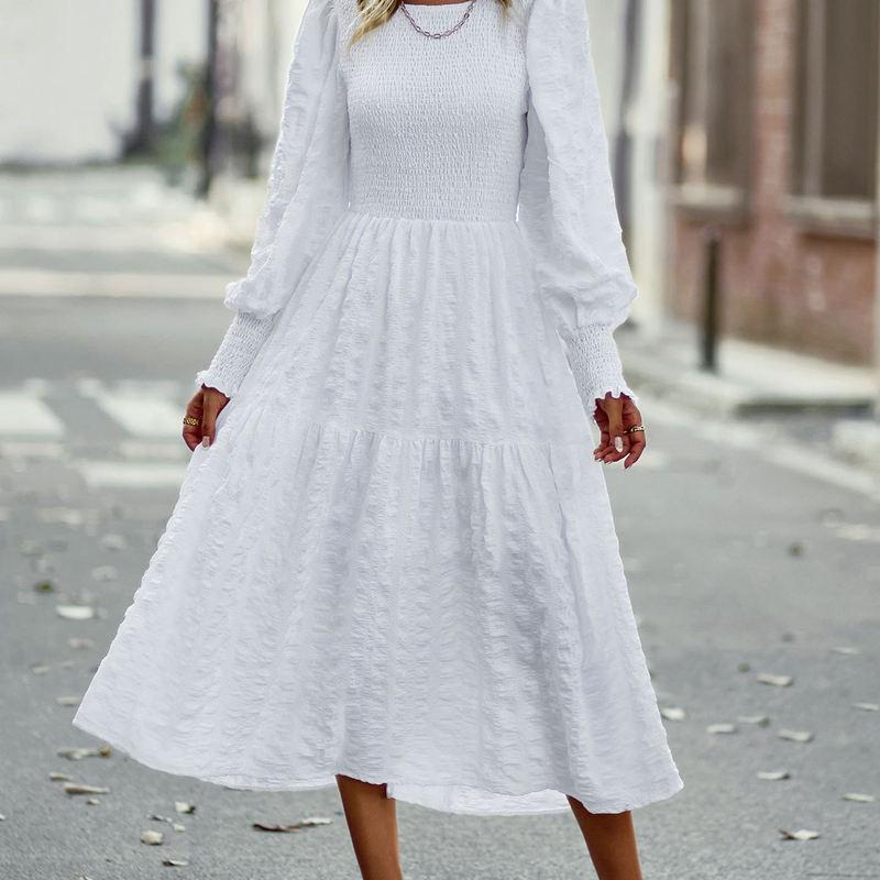 Женщины с круглым вырезом и пышными рукавами, сплошное цветное платье миди с высокой талией и темпераментом