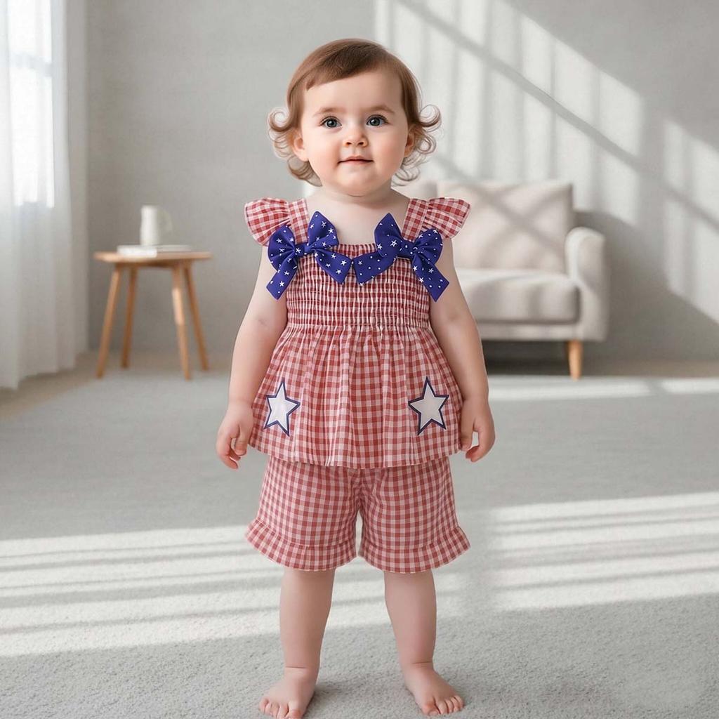 Hot Selling Patriotic Infant Girls Clothing Set Star Bow Fly Sleeve Top Plaid Shorts 2 Piece Outfit With Heart Embroidery For 0 3 Years Old Daily Wear