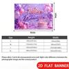 2D Flat Banner, Birthday Backdrop, Pink and Purple Balloons, Gift Boxes, Cakes, Crowns, Polyester
