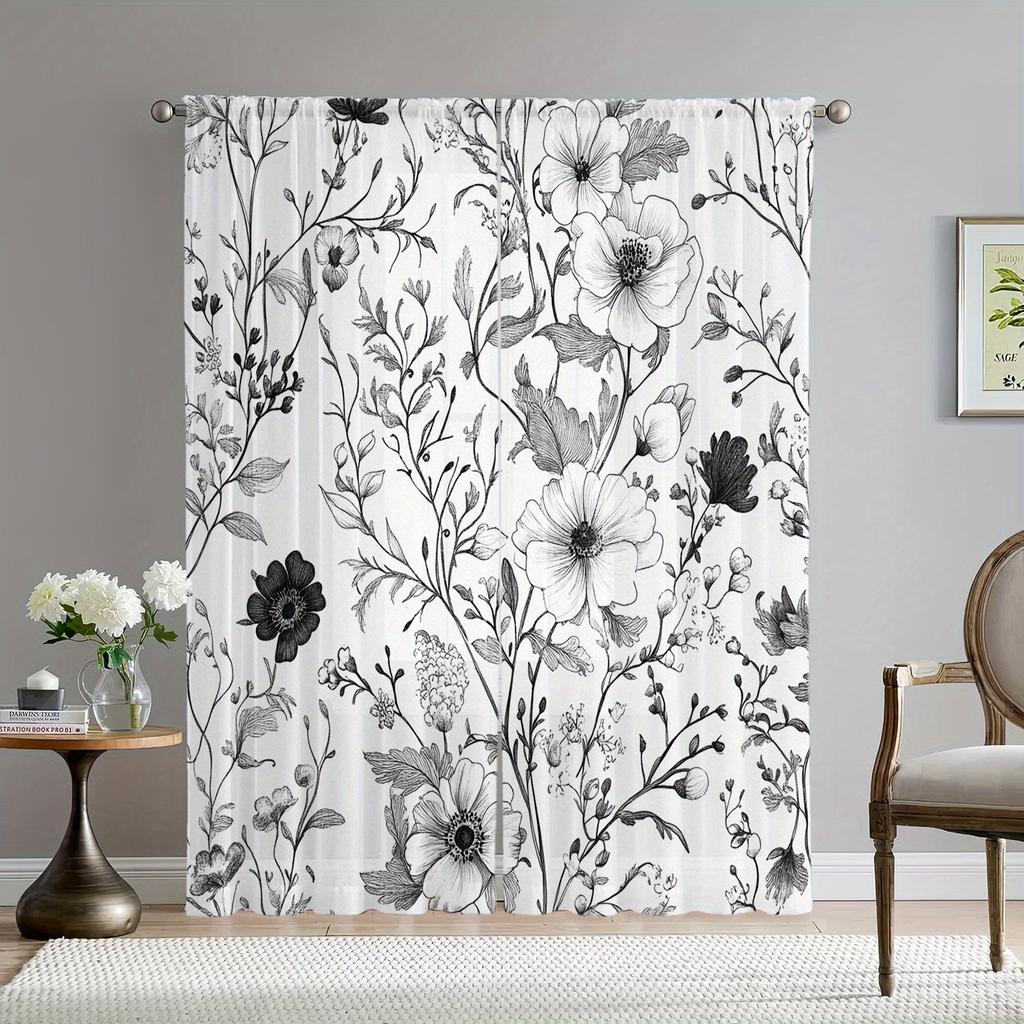 Комплект из 2 штор с черно-белым цветочным принтом, полиэстер, подходит для декора спальни, гостиной, идеальная штора для зоны