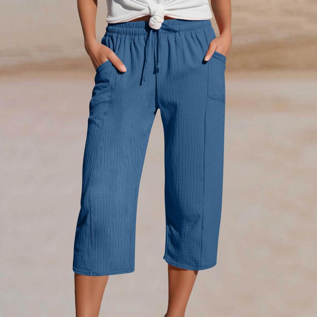 Women's Summer 3/4 Trousers Summer Trousers With Pockets Causal Loose Trousers Fabric Trousers Sport Leisure Beach Trousers
