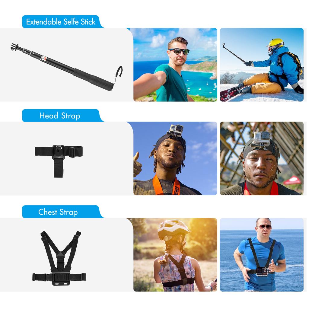 Набор аксессуаров для экшн-камеры, набор аксессуаров для спортивной камеры с водонепроницаемым боксом, силиконовым защитным чехлом, селфи-палкой