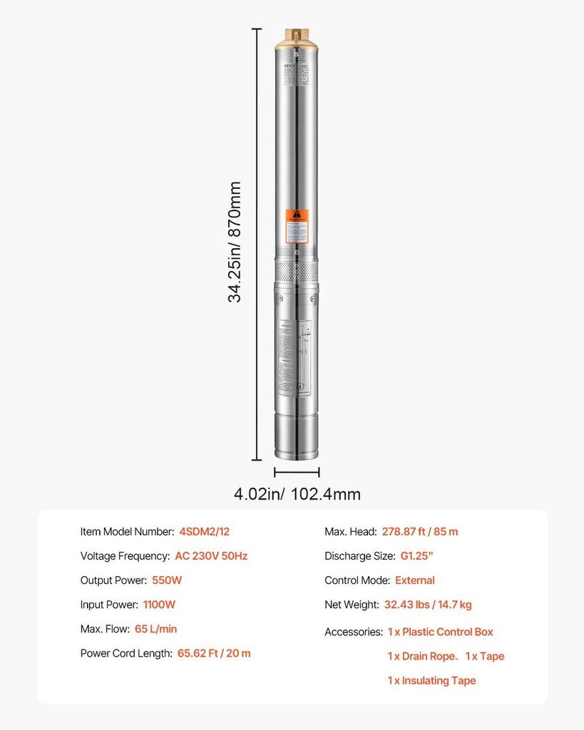 Deep Well Submersible Pump Stainless Steel Water Pump 1100W Input Power, 279ft Maximum Lift, 65l/min Flow Rate With External Control Box for
