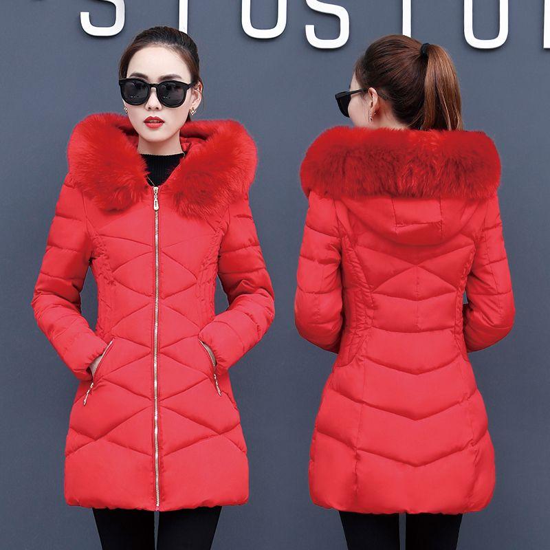 Women Cotton-Padded Jacket In Long Autumn Winter Thickened Big Wool Collar Cotton Coat Korean Slim Cotton-Padded Coat