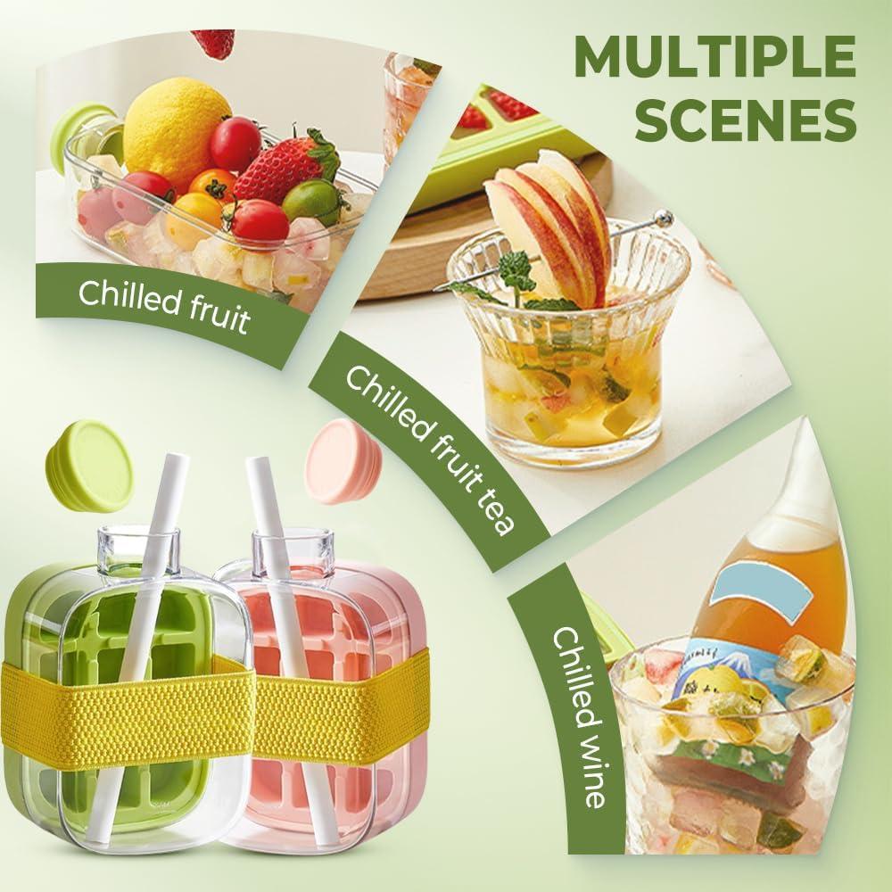 Ice Cube Bottle with Straw, 2 In 1 Touch-Free Push-Type Ice Cube Making Bottle, Easy Release Water Bottle Ice Mold