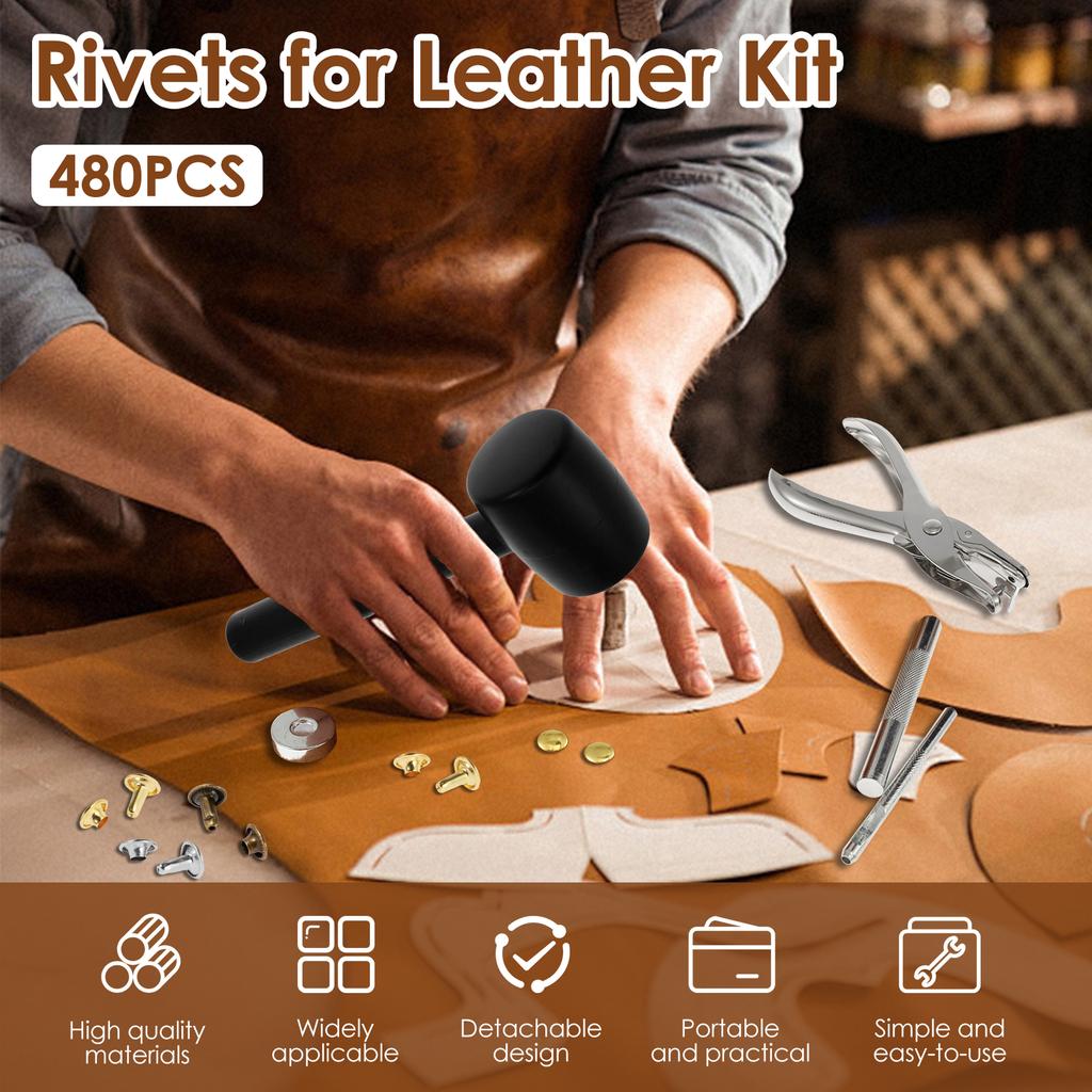 480Pcs 6/8mm Metal Double Cap Leather Rivets Set with Hammer and Punch Plier Studs Shoes Bag Belt Clothing Repair Accessories