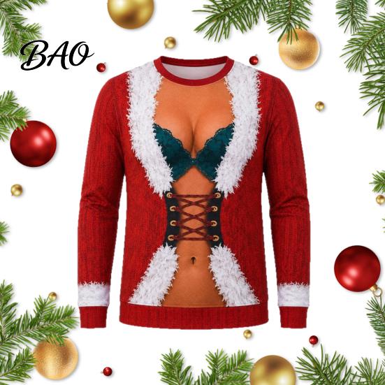 Festive Graphic Top Funny Christmas Shirt, Hilarious 3D Fake Corset Chest Print Crew Neck Casual Party Tee Pullover Top, Novelty Long Sleeve Festival