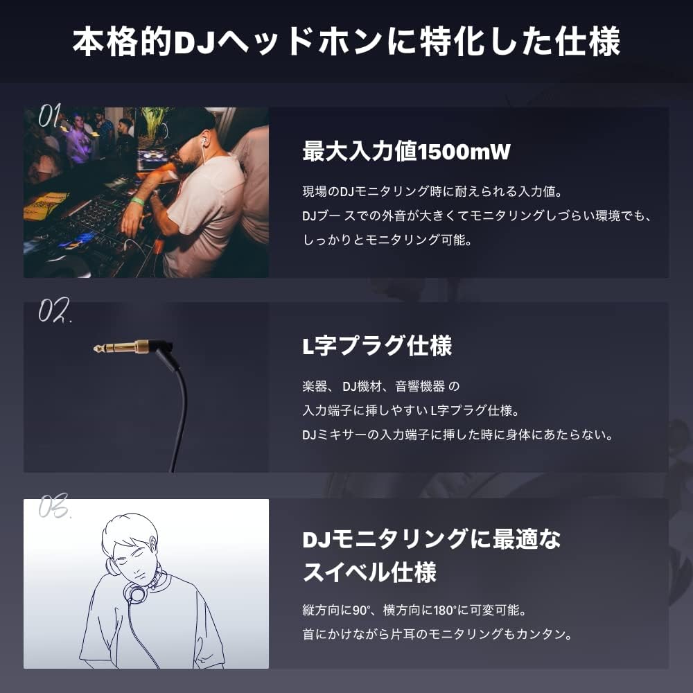 REFION RF-01 DJ Headphones, Wired, Monitor, Over-Ear, Studio Monitor, Black, Designed by a Professional DJ