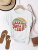 Women's HERE COMES THE SUN Graphic Print T-Shirt - Short Sleeve Crew Neck Casual Top with Vibrant Sunrise Design