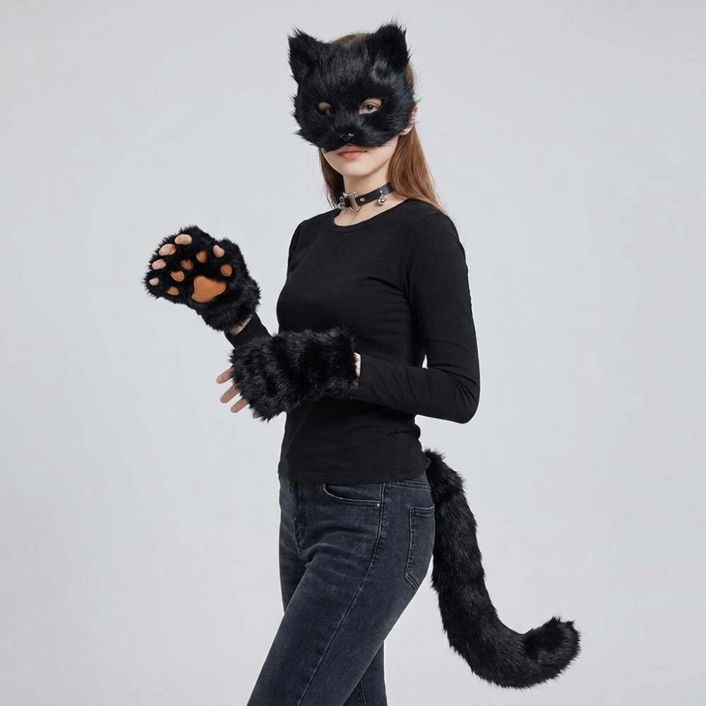 Funny Animal Costume Set Polyester Tail Mask Paw Gloves Full Set Plush Cosplay Mask Masquerade