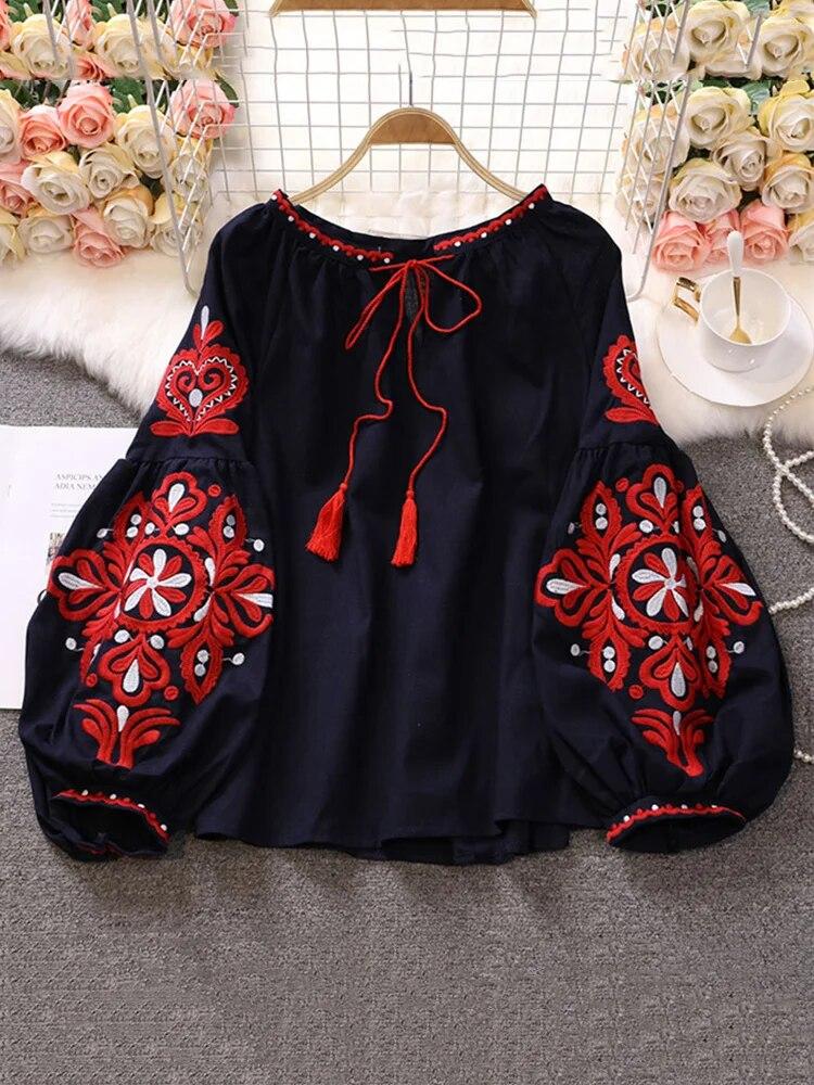 Sweet Style Women Pullover Shirts Embroidery Patchwork Bandage V-neck Lantern Sleeve Spring Summer 2024 New Blouse