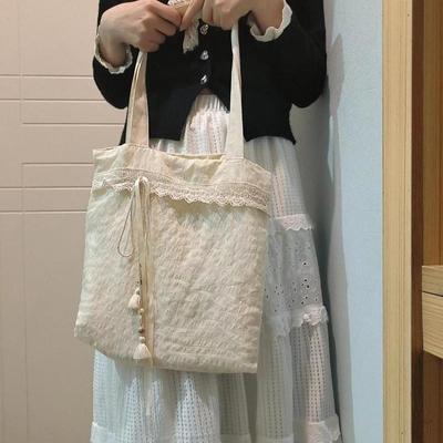 Сумки через плечо Harajuku бежевого цвета из холста женские винтажные кружевные большие вместительные сумки-тоут женские универсальные повседневные сумки