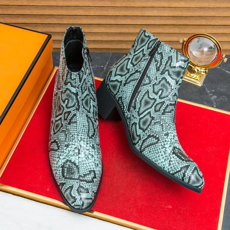 Весенние ботинки-казаки до щиколотки из змеиной кожи с принтом для мужчин, для шоу, вечеринок, мотоциклетные, короткие, увеличивающие рост, платья, социальные сапатос