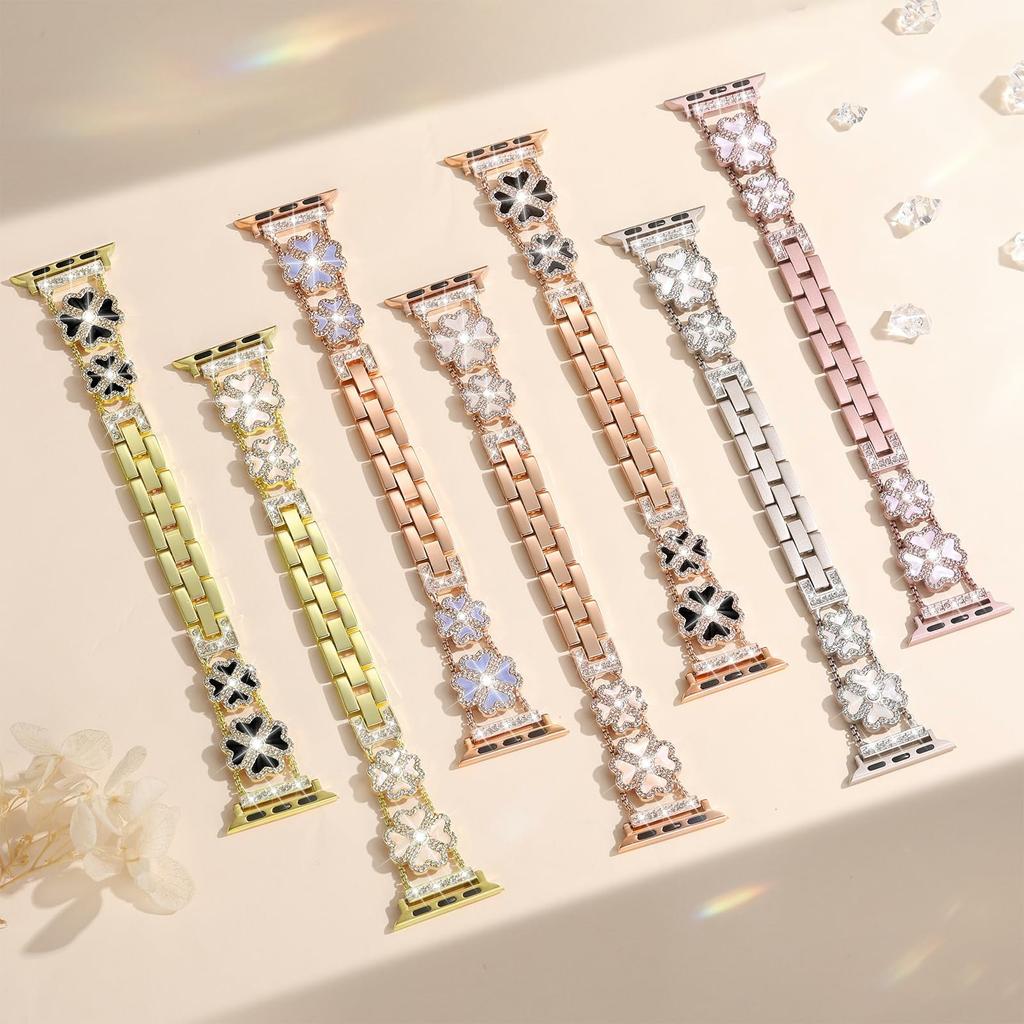 Metal Strap for Apple Watch Series 10 9 8 7 SE 6 5 4 3 2 1 42mm 41mm 40mm 38mm Heart Clover Rhinestone Decor Watch Band