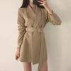 Women Suit Coat Lapel Long Sleeve Belt Suit Jacket with Side Pockets Solid Color Loose Fit Office Lady Outwear