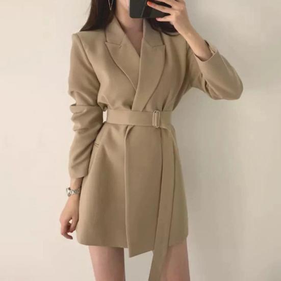 Women Suit Coat Lapel Long Sleeve Belt Suit Jacket with Side Pockets Solid Color Loose Fit Office Lady Outwear