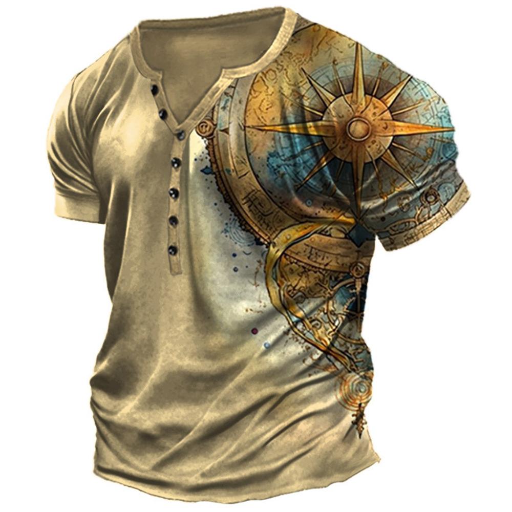 Винтажная футболка для мужчин, рубашка на пуговицах с 3D принтом, готическая хлопковая футболка с v-образным вырезом, большие топы с короткими рукавами, футболки, мужская уличная одежда в стиле панк