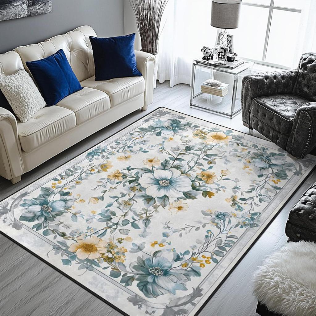 Colorful Floral Area Rug Non-Slip Carpets Green Carpet Flowers and Leaves Rug Decor for Living Room Bedroom Living Room Study