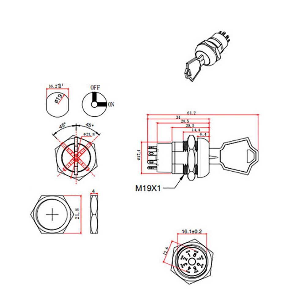 Запасной переключатель зажигания Вкл/Выкл для инвалидной коляски, 2 ключа M19*L 22 мм