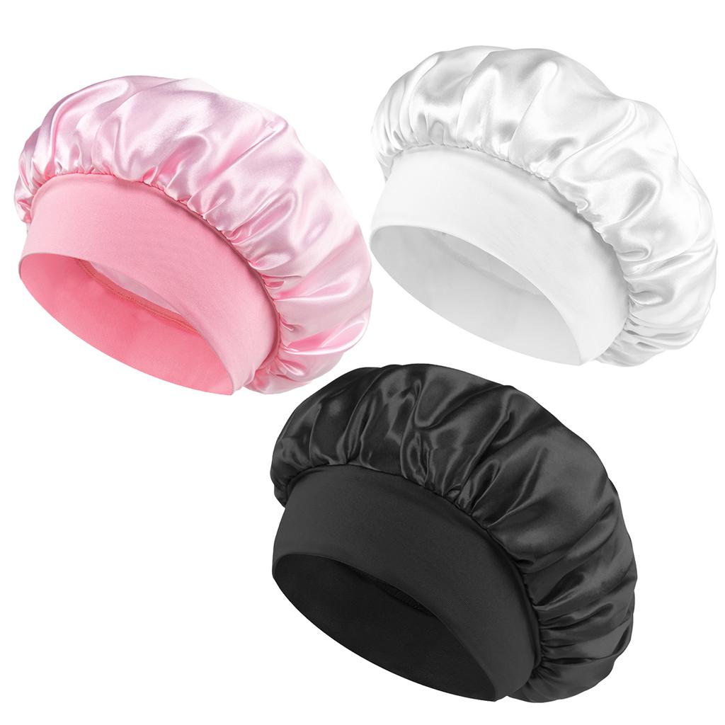 3 шт. Женская однотонная атласная широкополая шапочка для душа, подходит для ежедневного использования, шелковая шапочка, атласная шапочка
