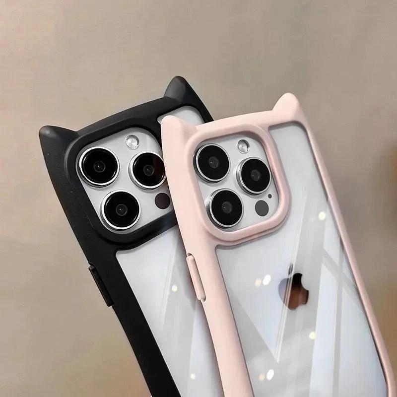 Soft Silicone Cute Cat Ear Phone Case For iPhone 11 12 13 14 15 Pro Max Transparent Shockproof Hard Acrylic Bumper Back Cover