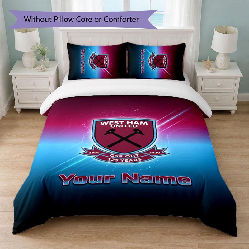 West Ham United FC Custom Name Text Bedding Set 1 Duvet Cover+2 Pillowcases Soccer Logo Personalized Gift For Special Occasion Bedroom Decor
