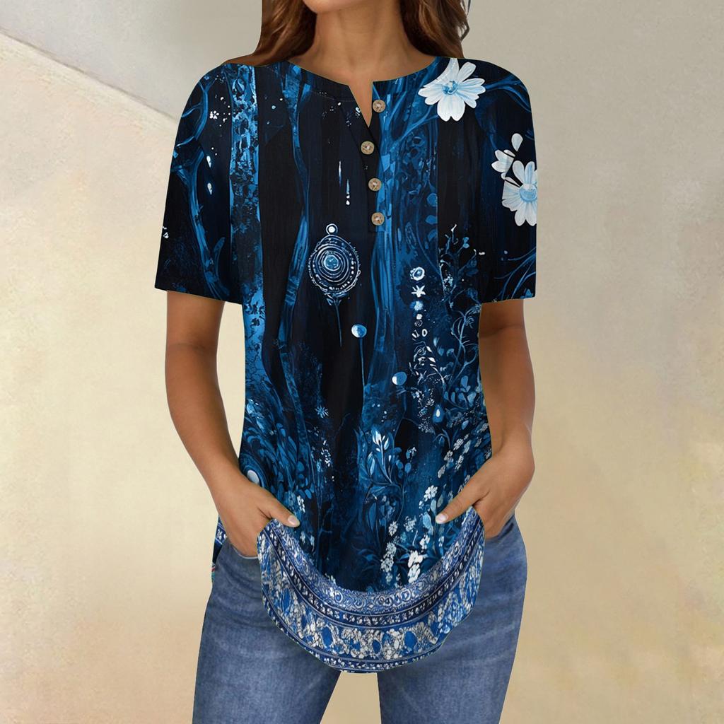 Short Sleeve Womens Tops Summer T-Shirts Floral Print V Neck Casual Basic Tee Button Shirts Tunic Tops