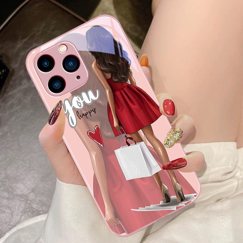 Мультяшная девочка с покупками Для IPhone 15 Pro 14 13 12 Mini 11 XS Max XR 7 8 Plus SE 2020 2022 Закаленное стекло Чехол для телефона