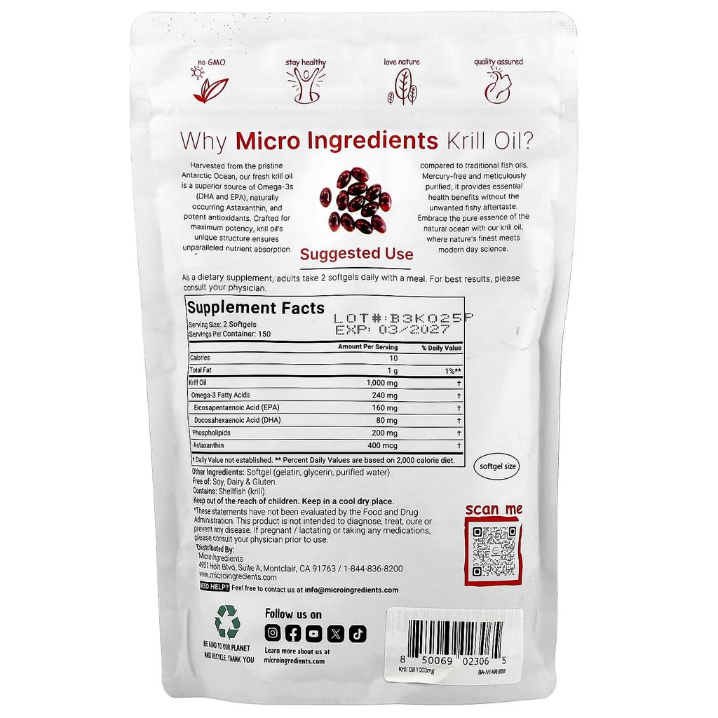 Micro Ingredients Масло криля, 300 мягких капсул