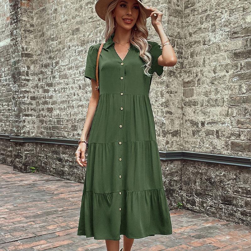 Summer Women Medium Length Hepburn Style French Long Dress Single Breasted Solid Color V Neck