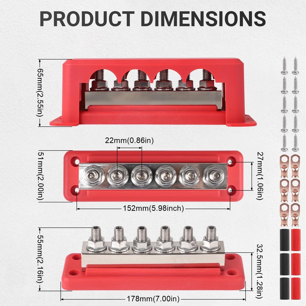 600A Bus Bar Terminal Power Distribution Block M10 Studs DC Positive Negative Terminal Block For Boat Car RV Cable Organizer